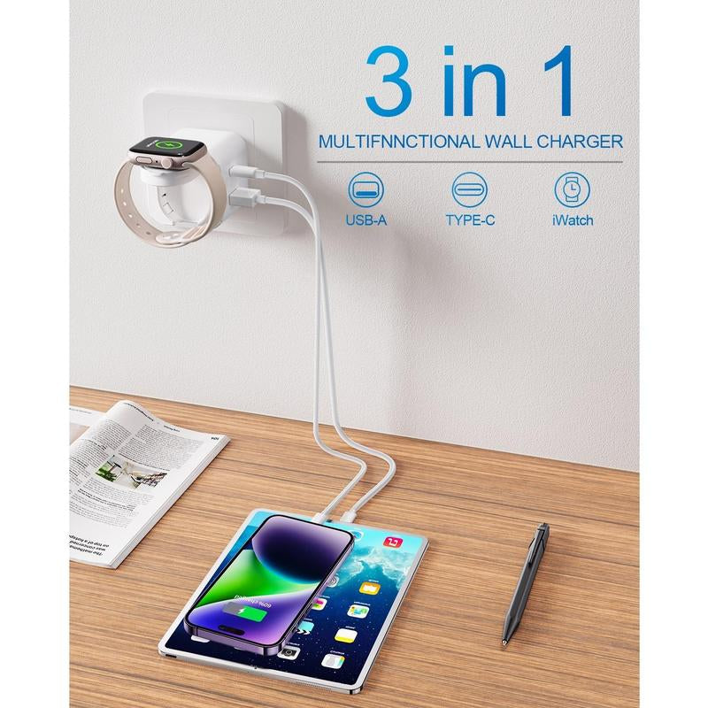 36W for Apple Charging Block with Built-In Watch Charger, Foldable PD Fast Charger Block for Iphone, Dual Ports Wall Charger, Compatible with Apple Watch Iphone Airpods