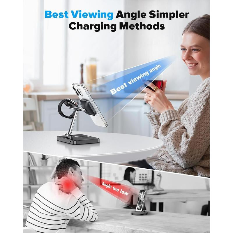 3 in 1 Foldable Station for Mag-Safe for 16/15/14/13/12,For Iwatch Series & Airpods - Fast Stand with N52 & Safety Protections