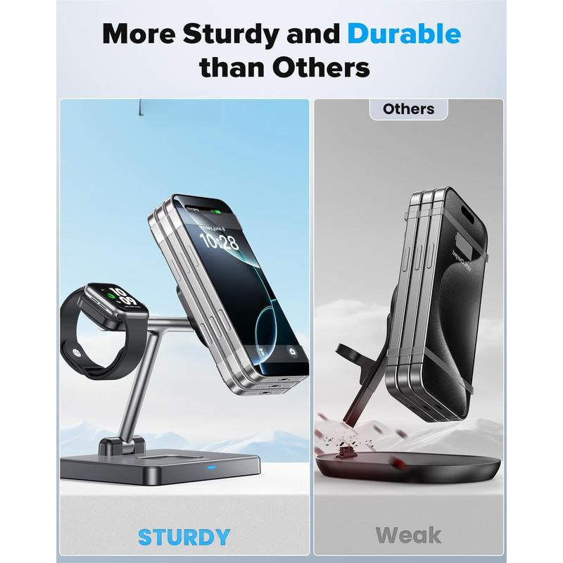 3 in 1 Foldable Station for Mag-Safe for 16/15/14/13/12,For Iwatch Series & Airpods - Fast Stand with N52 & Safety Protections