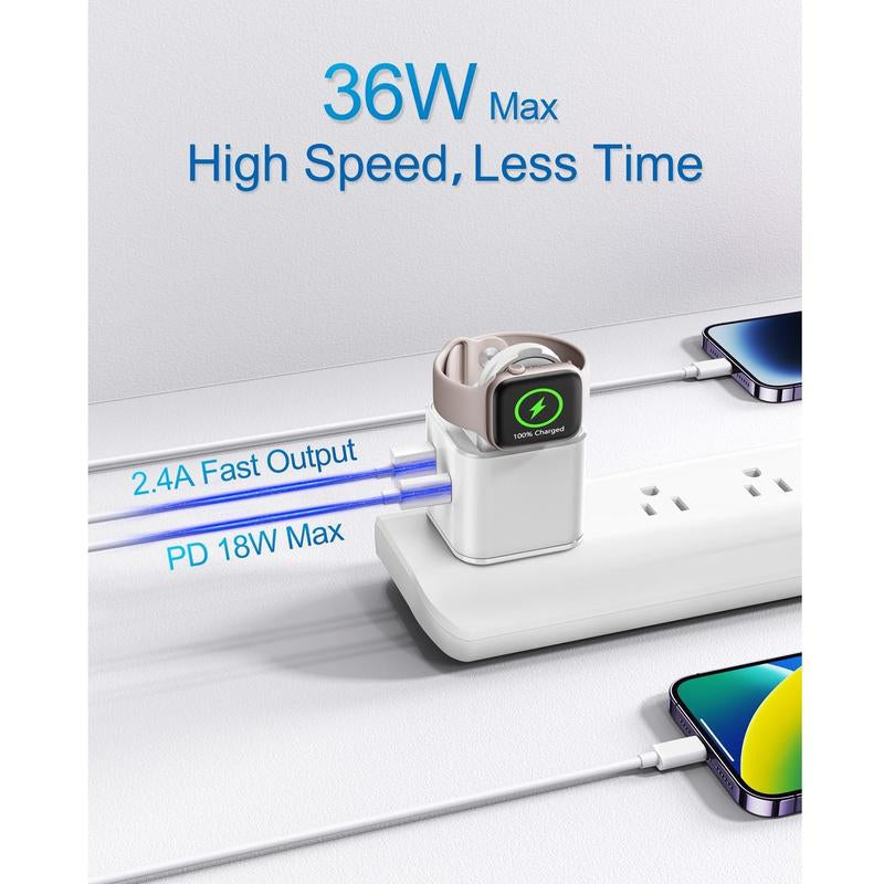 36W for Apple Charging Block with Built-In Watch Charger, Foldable PD Fast Charger Block for Iphone, Dual Ports Wall Charger, Compatible with Apple Watch Iphone Airpods