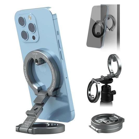 CAMOLO Strong Dual-Sided Magnetic Phone Tripod Stand for Iphone - Aluminium Smartphone Mini Foldable Pocket Cell Phone Stand Quick Mount Compatible with Iphone 16 15 14 13 12 Magsafe for Car,Gym,Desk,Travel,Gifts